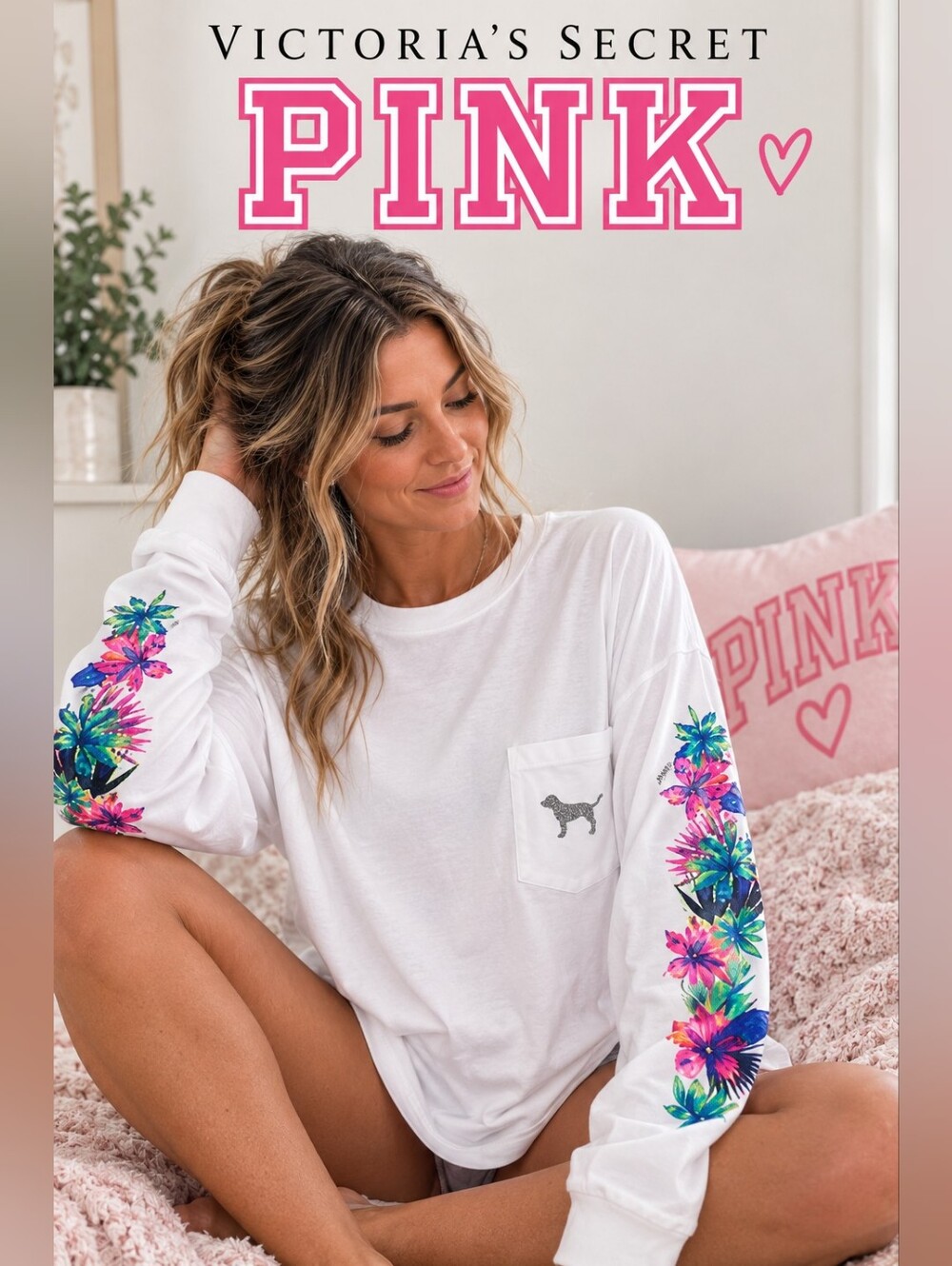 Victoria's Secret PINK White Floral Sequin Sleeve Long Sleeve Campus Tee Sequin